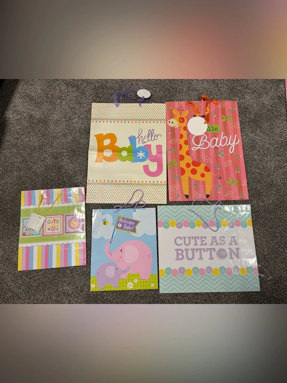 5 Baby Shower Gift Bags Set – Pink, Yellow, Blue & Multi
